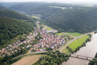 Aerial photograpy of Village on the river bank areas of the Main river in Hasloch in the state Bavaria, Germany