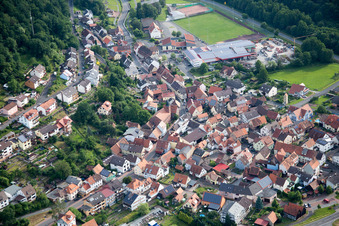 Oblique view of Village on the river bank areas of the Main river in Hasloch in the state Bavaria, Germany