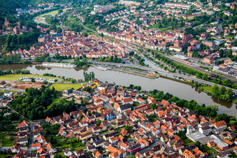 Aerial view of Riparian areas along the river mouth of Tauber into Main in Wertheim in the state Baden-Wurttemberg, Germany