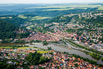 Aerial photograpy of Riparian areas along the river mouth of Tauber into Main in Wertheim in the state Baden-Wurttemberg, Germany