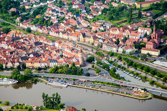 Oblique view of Riparian areas along the river mouth of Tauber into Main in Wertheim in the state Baden-Wurttemberg, Germany
