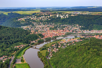 Aerial view of City view on the Main from the east in Wertheim in the state Baden-Wuerttemberg, Germany