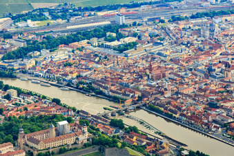 Aerial view of Marienberg Fortress above the old Main Bridge from the southwest in the district Altstadt in Würzburg in the state Bavaria, Germany