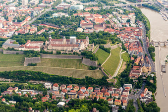 Aerial view of Fortress Festung Marienberg above the Main river in Wuerzburg in the state Bavaria, Germany