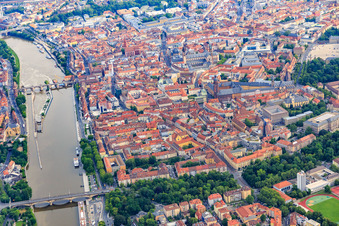 Aerial view of Ludwigsbrücke and Alte Brücke over the Main to Sanderring in the district Altstadt in Würzburg in the state Bavaria, Germany