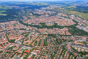 Overview Wittelsbacher Straße over the old town with Residenz Würzburg and Hofgarten to the Main from the east in the district Frauenland in Würzburg in the state Bavaria, Germany