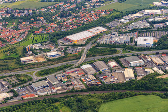 Nuremberger Straße industrial area beyond the B8 with SELGROS Würzburg and DECATHLON Würzburg in the district Grombühl in Würzburg in the state Bavaria, Germany
