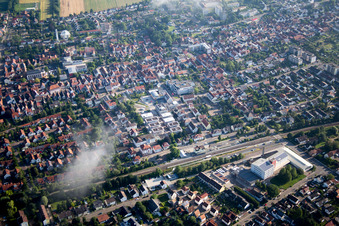 In the city center" New building of RiBa GmbH between Bismarck- and Gartenstr in Kandel in the state Rhineland-Palatinate, Germany from a drone