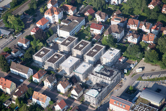 Bird's eye view of In the city center" New building of RiBa GmbH between Bismarck- and Gartenstr in Kandel in the state Rhineland-Palatinate, Germany