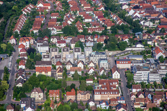 Construction site for City Quarters Building 'Im Stadtkern' in Kandel in the state Rhineland-Palatinate, Germany viewn from the air