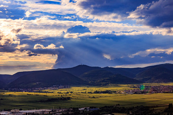 Aerial view of Cumulonimbus thundercloud over the summit of the Kalmit in Maikammer in the state Rhineland-Palatinate, Germany