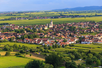 View of the town from the northeast in Edesheim in the state Rhineland-Palatinate, Germany from above