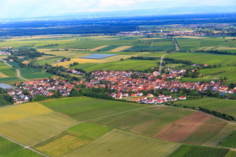Village overview from the northwest with new development area Am Apfelgarten in Impflingen in the state Rhineland-Palatinate, Germany