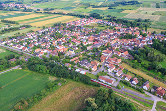 Regional train at the station in Barbelroth in the state Rhineland-Palatinate, Germany from above