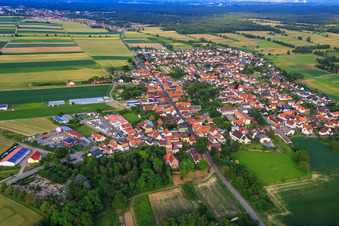 Aerial view of Protestant and Catholic Church in Minfeld in the state Rhineland-Palatinate, Germany