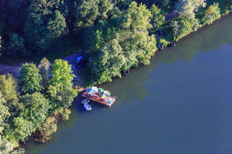 Aerial view of Summer picnic on a raft on the Isar in the district Harburg in Pilsting in the state Bavaria, Germany