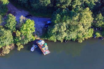 Aerial photograpy of Summer picnic on a raft on the Isar in the district Harburg in Pilsting in the state Bavaria, Germany