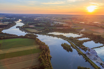 Aerial view of Sunset over the lakes on the Isar in front of the barrage Ettling in the district Ettling in Wallersdorf in the state Bavaria, Germany