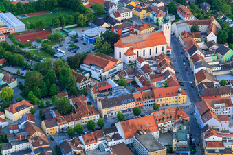 Marienplatz with the parish church of the Assumption of Mary in the district Zanklau in Landau an der Isar in the state Bavaria, Germany