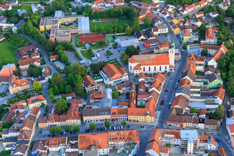 Aerial view of Marienplatz with the parish church of the Assumption of Mary in the district Zanklau in Landau an der Isar in the state Bavaria, Germany