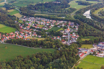 Village view on the Isar from the northeast in Gottfrieding in the state Bavaria, Germany