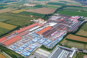 Aerial view of Building and production halls on the premises of Moeding Keramikfassaden GmbH in Marklkofen in the state Bavaria, Germany