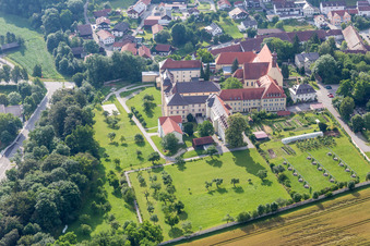 Aerial view of Building complex of the former monastery and today Realschule St. Maria in Niederviehbach in the state Bavaria, Germany