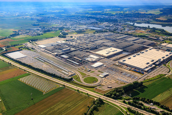 Aerial view of Industrial area Höfen with BMW Group plant Dingolfing in the district Höfen in Dingolfing in the state Bavaria, Germany