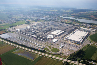 Building and production halls on the premises of BMW facility in Dingolfing in the state Bavaria from above