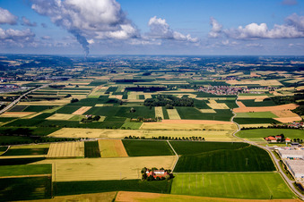 Aerial view of Steam column of nuclear power plant Isar in Essenbach in the state Bavaria, Germany