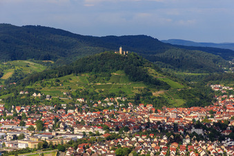 City view on the edge of the Odenwald from the west below the vineyards and the Starkenburg in Heppenheim in the state Hesse, Germany