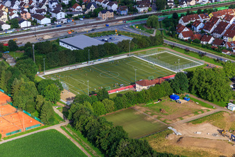 Aerial view of Sports field on Dr.-Werner-Freyberg-Straße in Laudenbach in the state Baden-Wuerttemberg, Germany