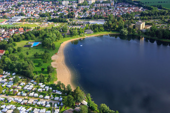 Aerial view of Wiesensee outdoor swimming pool in Hemsbach in the state Baden-Wuerttemberg, Germany