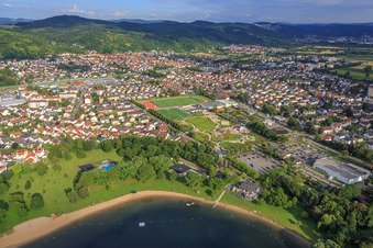 Oblique view of Wiesensee outdoor swimming pool in Hemsbach in the state Baden-Wuerttemberg, Germany