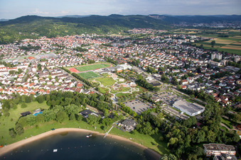 Aerial view of Sandy beach areas on the Campingplatz Wiesensee in Hemsbach in the state Baden-Wurttemberg, Germany