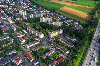 Apartment blocks around the Kleiner Waidsee in Hemsbach in the state Baden-Wuerttemberg, Germany