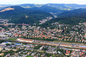 Old town beyond the railway at the foot of the Odenwald with Wachenburg Castle and Windeck Castle ruins Weinheim in Weinheim in the state Baden-Wuerttemberg, Germany