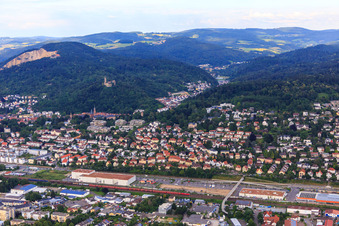 Aerial view of Old town beyond the railway at the foot of the Odenwald with Wachenburg Castle and Windeck Castle ruins Weinheim in Weinheim in the state Baden-Wuerttemberg, Germany