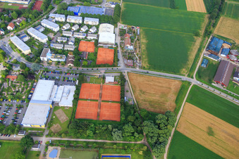 Aerial photograpy of Tennis courts on both sides of Waildallee from TV Grün-Weiss Weinheim 1970 eV or Tennisclub Lützelsachsen as well as Tennishalle Lehr in Weinheim in the state Baden-Wuerttemberg, Germany