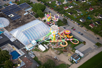 Aerial photograpy of Giant water slide at Miramar in the district Lützelsachsen in Weinheim in the state Baden-Wuerttemberg, Germany