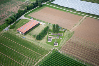 Aerial view of Remains of the ruins of the the former Roman Farm Villa Rustica in Hirschberg an der Bergstrasse in the state Baden-Wurttemberg, Germany