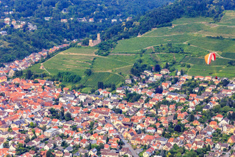 Aerial view of Strahlenburg castle ruins between vineyards in Schriesheim in the state Baden-Wuerttemberg, Germany