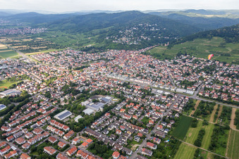 Aerial view of Town View of the streets and houses of the residential areas in Schriesheim in the state Baden-Wurttemberg, Germany