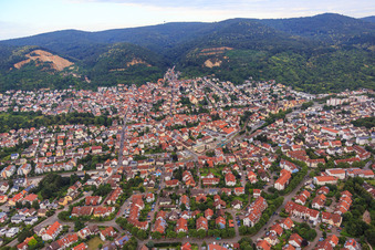 City view from the west on the edge of the Odenwald with the former Vatter quarry and Leferenz quarry Dossenheim in Dossenheim in the state Baden-Wuerttemberg, Germany