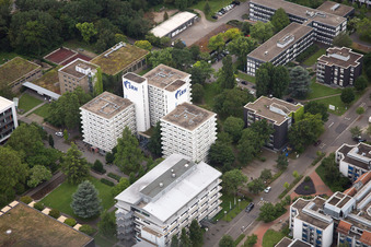 Aerial photograpy of Building complex of the university SRH in the district Wieblingen in Heidelberg in the state Baden-Wurttemberg, Germany