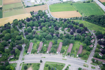 Oblique view of Former American barracks, now BAMF in the district Patrick Henry Village in Heidelberg in the state Baden-Wuerttemberg, Germany
