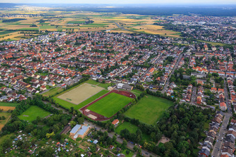 Oblique view of Sports fields of TSG Eintracht Plankstadt in Plankstadt in the state Baden-Wuerttemberg, Germany