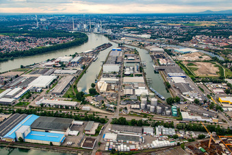 Aerial view of Harbor in the district Rheinau in Mannheim in the state Baden-Wuerttemberg, Germany