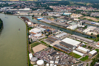 Oblique view of Rheinauhafen in the district Rheinau in Mannheim in the state Baden-Wuerttemberg, Germany