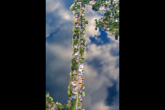 Aerial view of Middle path between Swan Pond and Adria Pond in the Blue Adriatic recreation area in Altrip in the state Rhineland-Palatinate, Germany